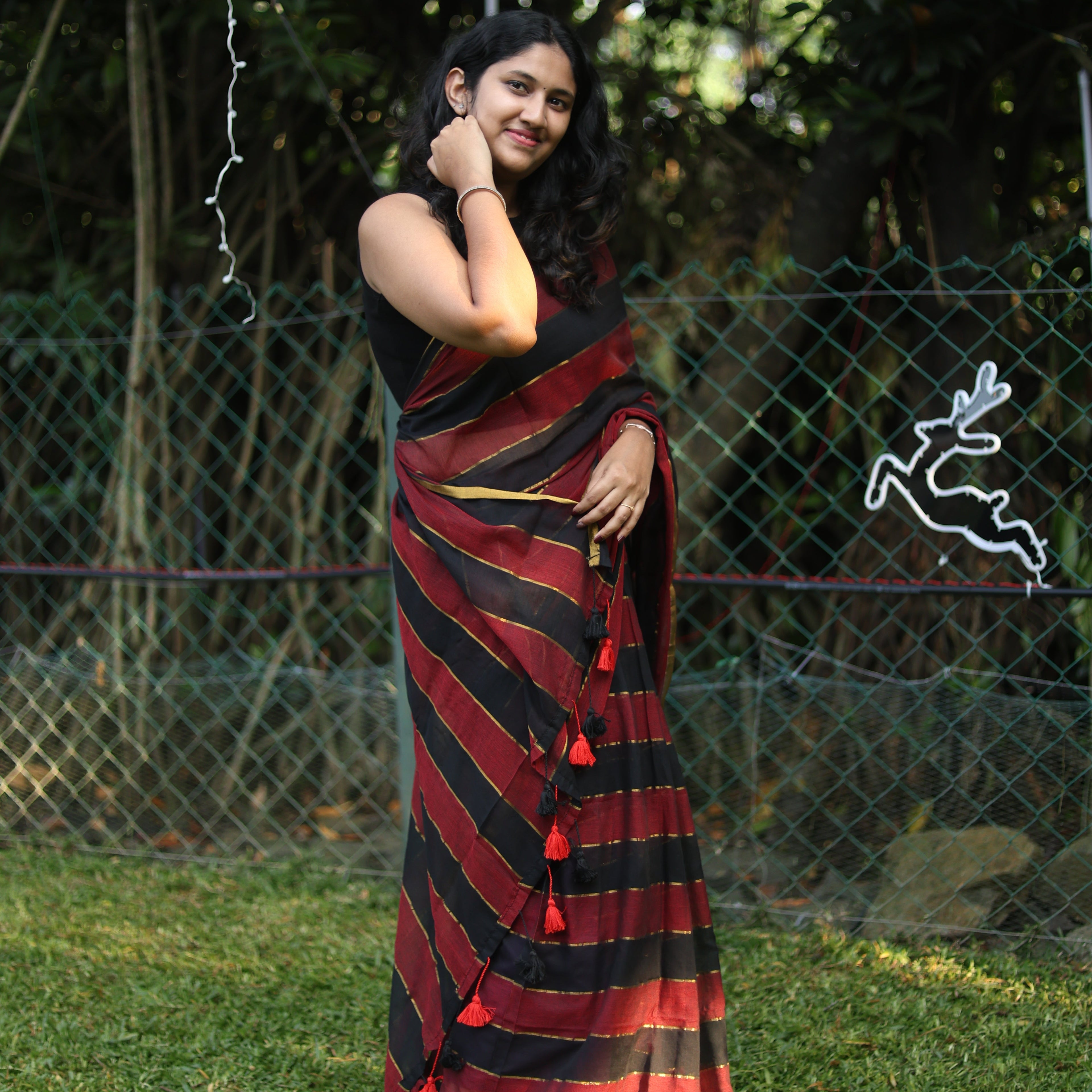 Mul Mul Cotton Saree in Black and Maroon