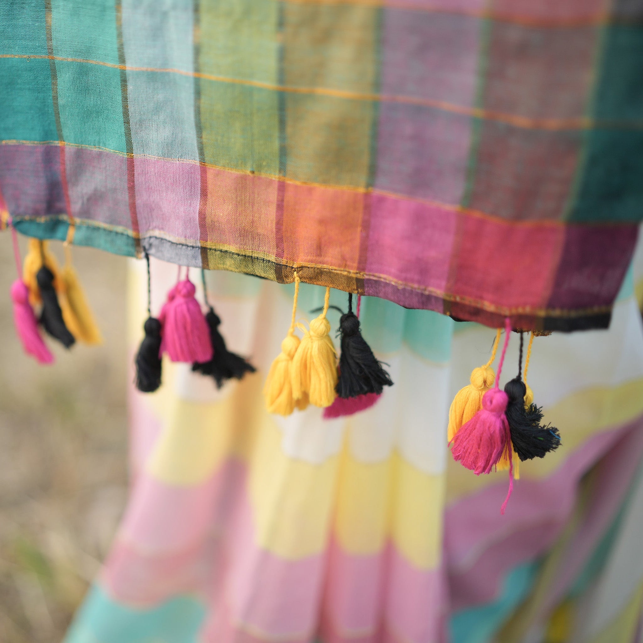 Mul Mul  Cotton Saree with Rainbow Accents