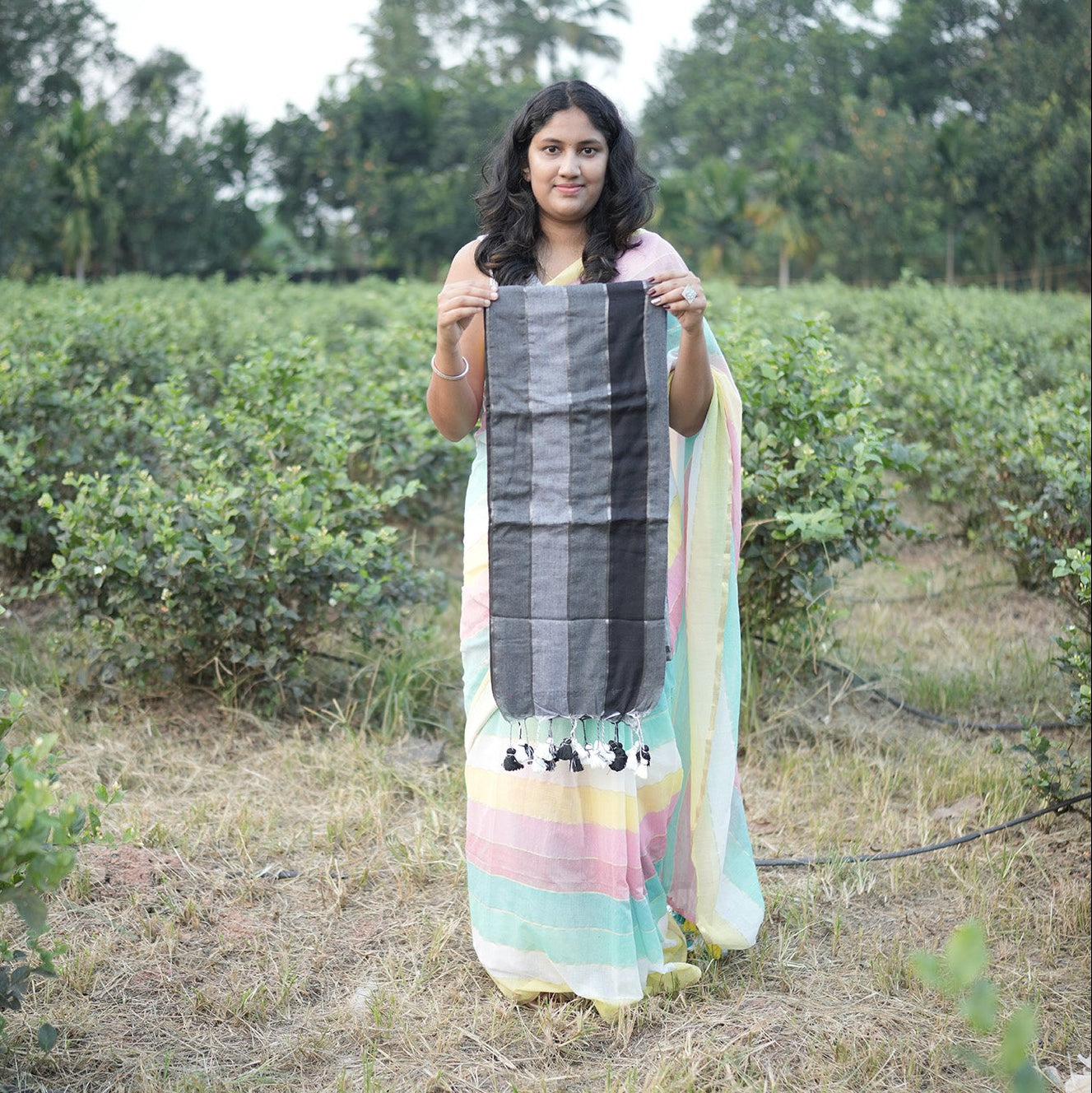 Mul mul cotton saree with elegant black and grey shades.