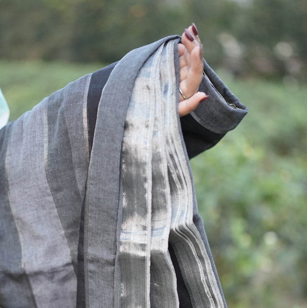 Mul mul cotton saree with elegant black and grey shades.