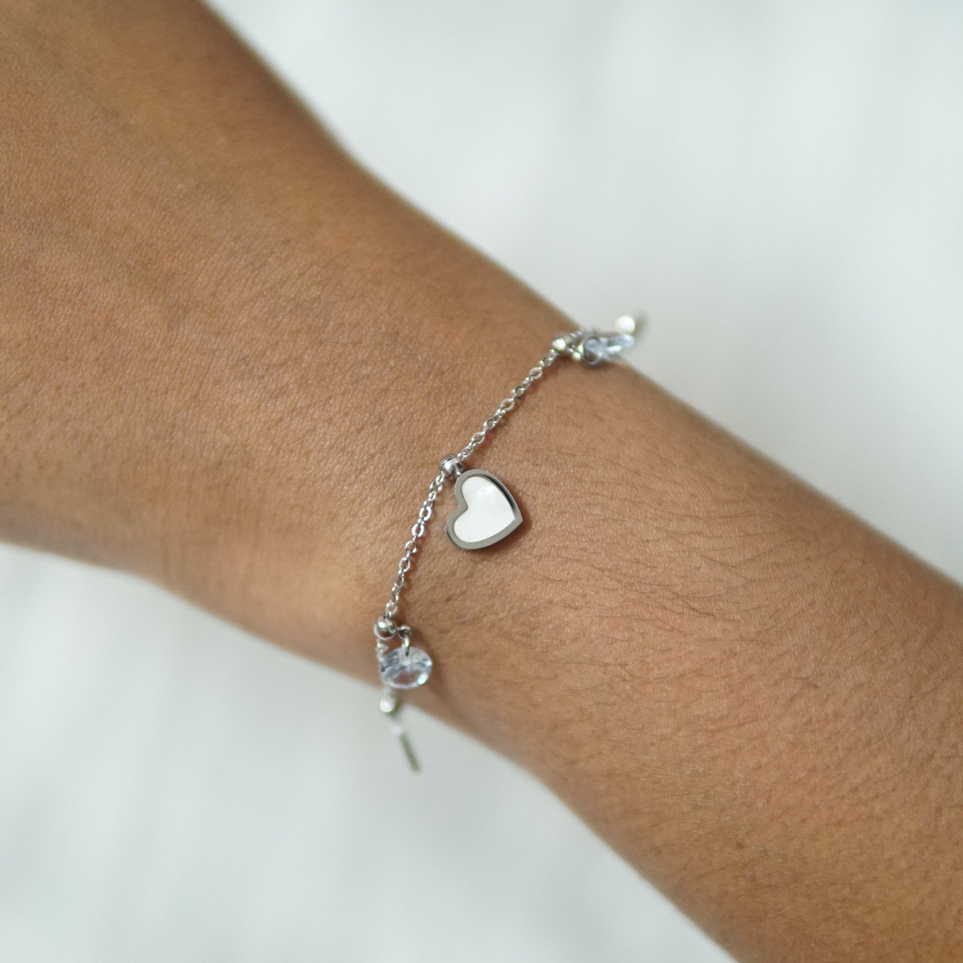 Stainless Steel White Resin Heart Charm Bracelet