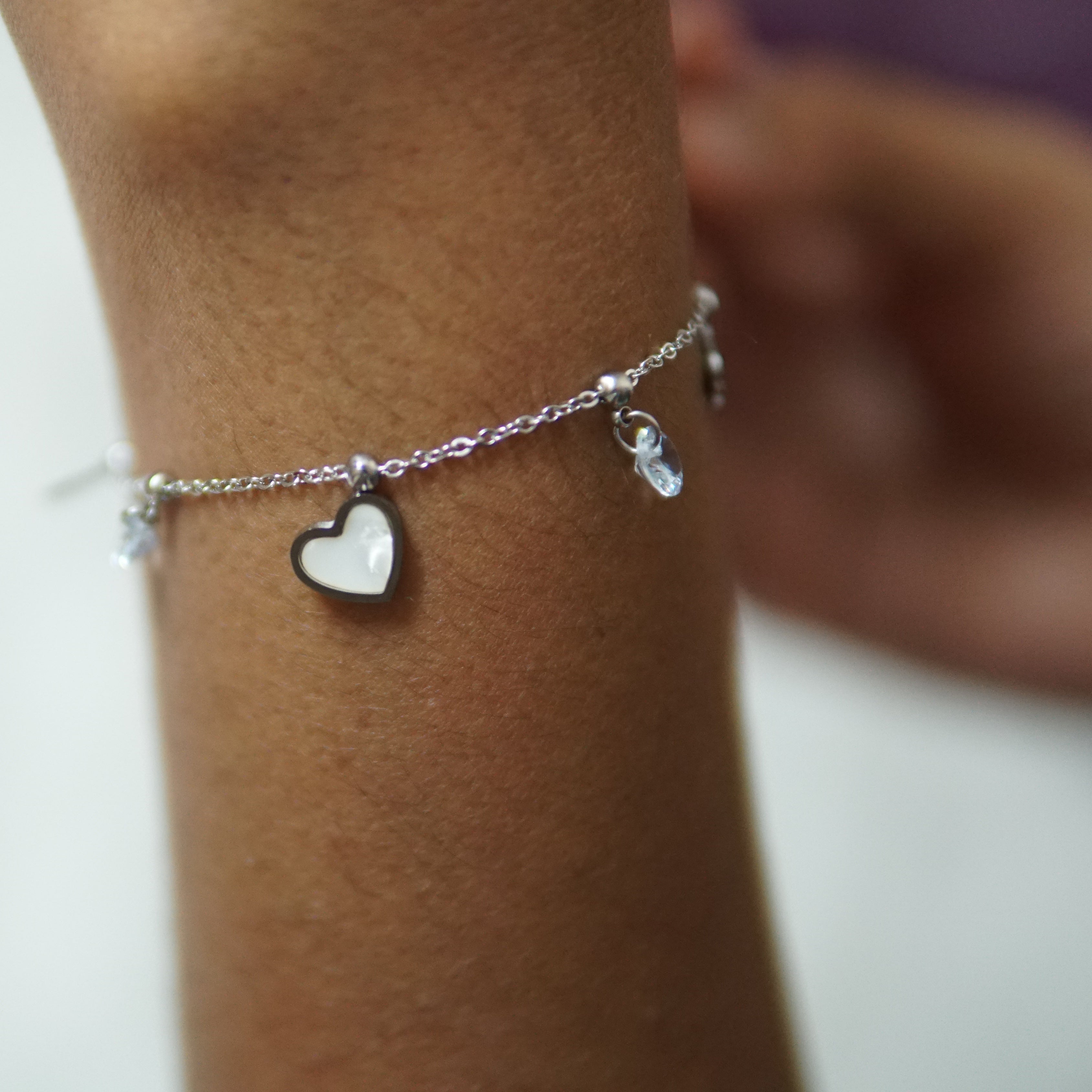 Stainless Steel White Resin Heart Charm Bracelet