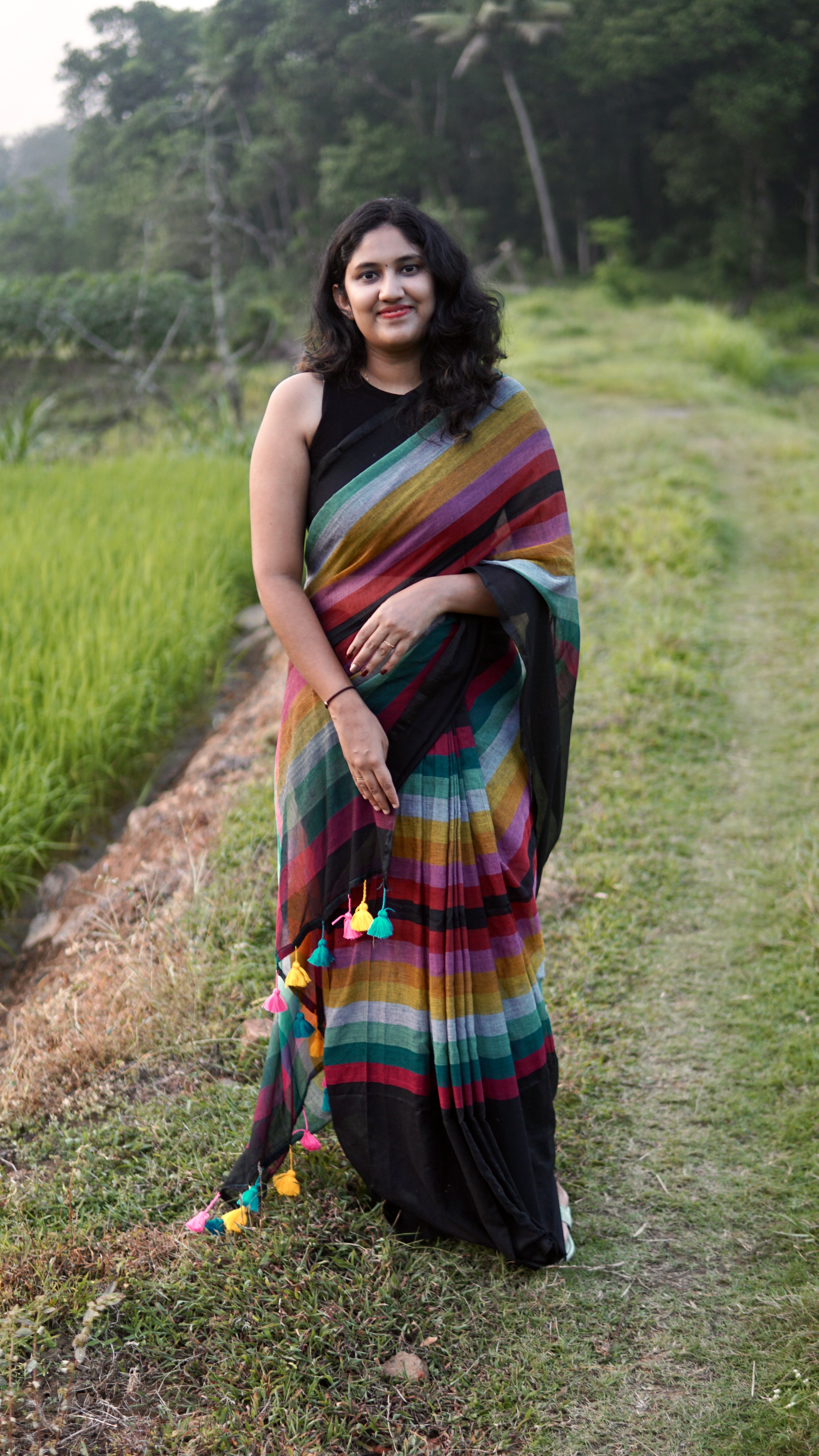 Mul Mul Cotton Black Rainbow Saree.