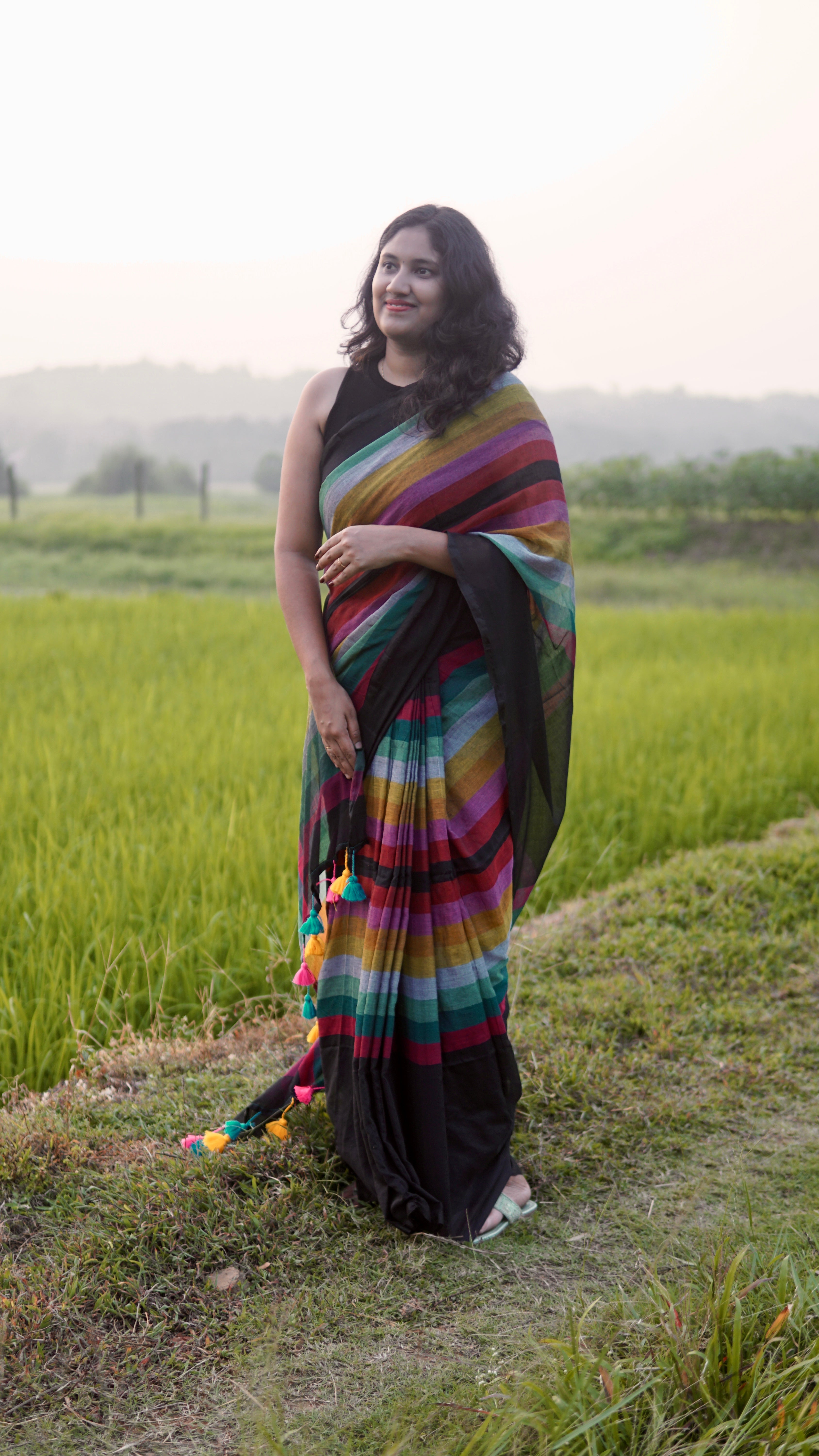 Mul Mul Cotton Black Rainbow Saree.