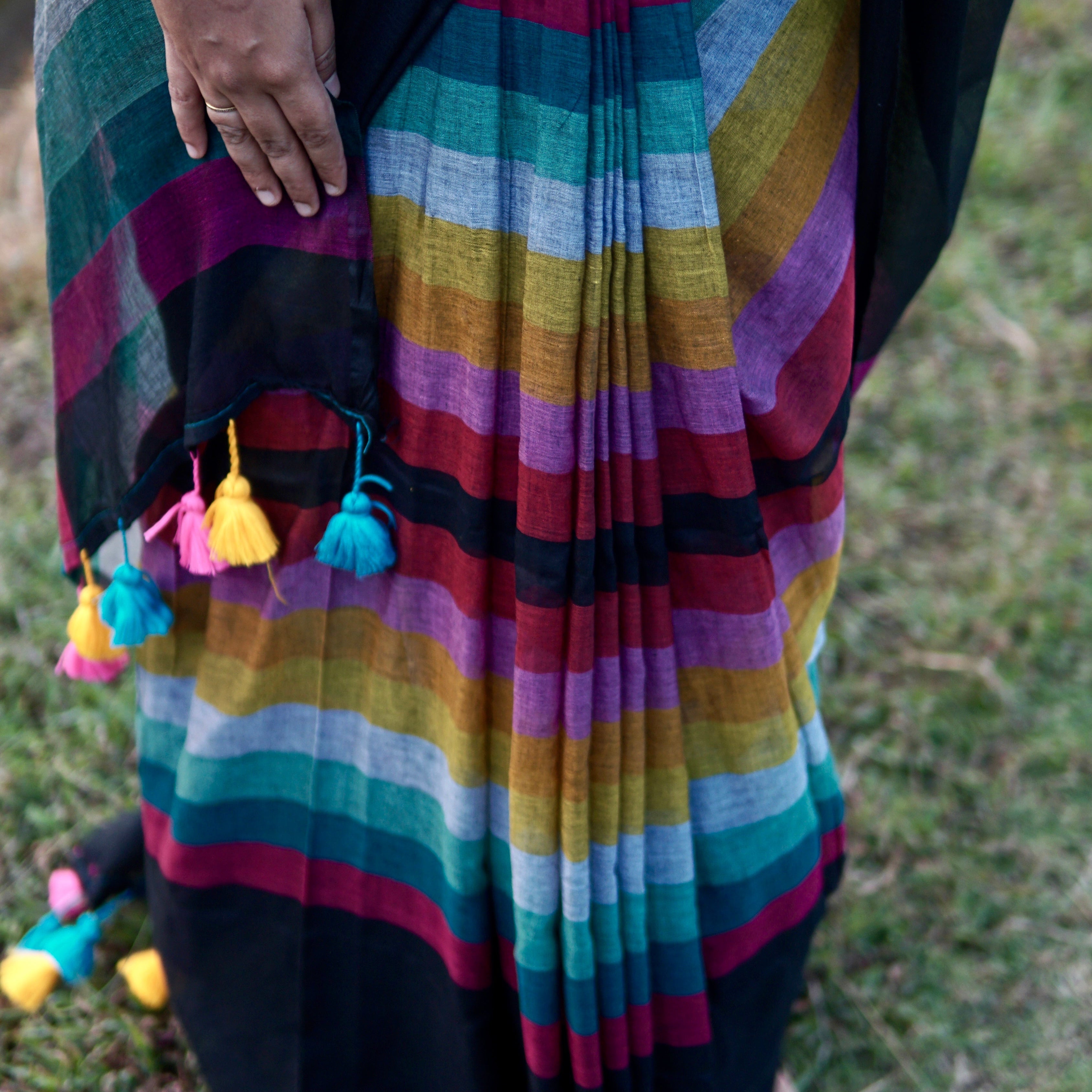 Mul Mul Cotton Black Rainbow Saree.