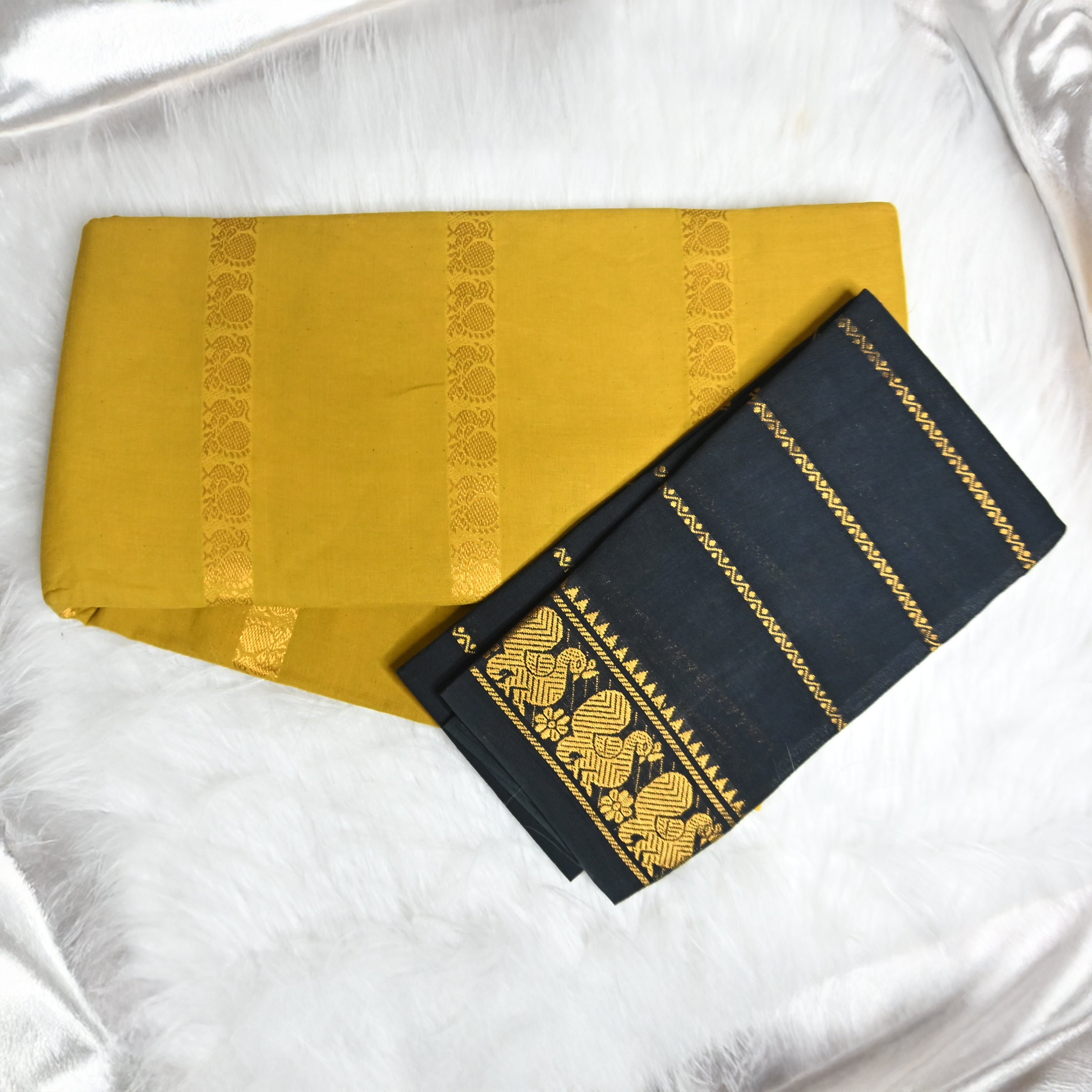 mustard yellow and Black Velthari Madurai Sungudi cotton saree.