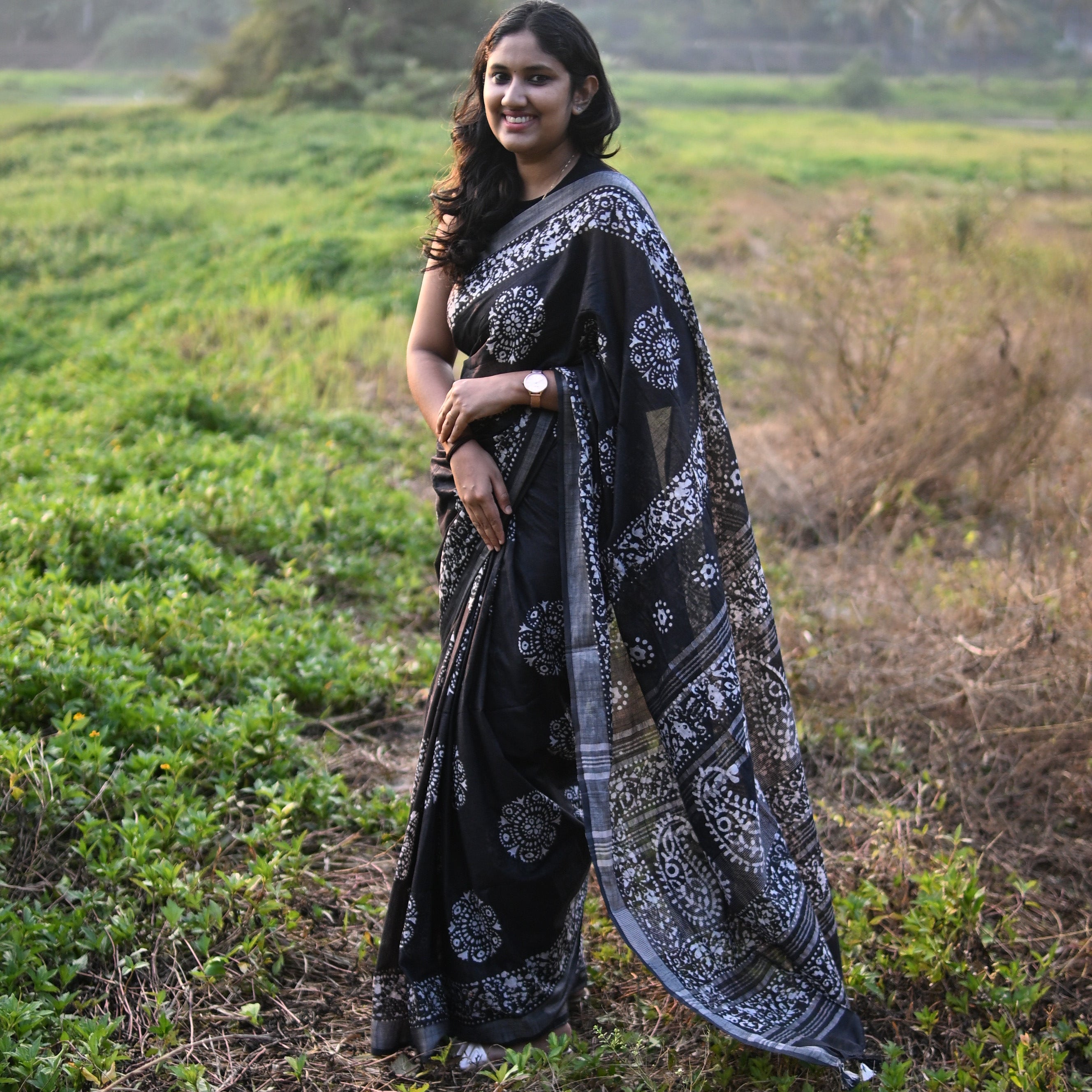 Black Linen Batik Saree.